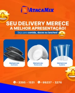 Descartáveis para delivery — peça criada pela Mayia para AtacaMix